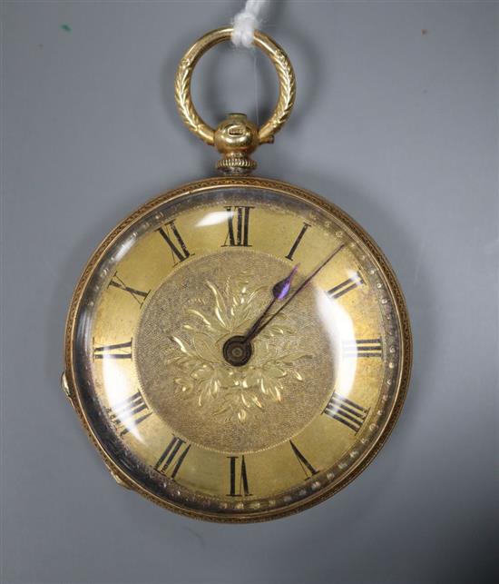 An 18k yellow metal fob watch, with Roman dial, diameter 37mm, gross 32 grams.